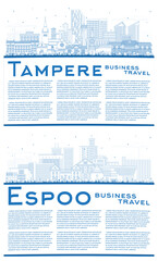 Outline Espoo and Tampere Finland city skyline set with blue buildings and copy space. Cityscape with landmarks.
