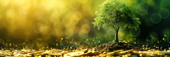 Foto op Plexiglas This striking image portrays a single tree growing on a pile of golden coins, with a bokeh background symbolizing growth and prosperity © Armin