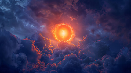 Fiery orange sun pierces indigo clouds against a smoky gray, embodying dawn's energy.