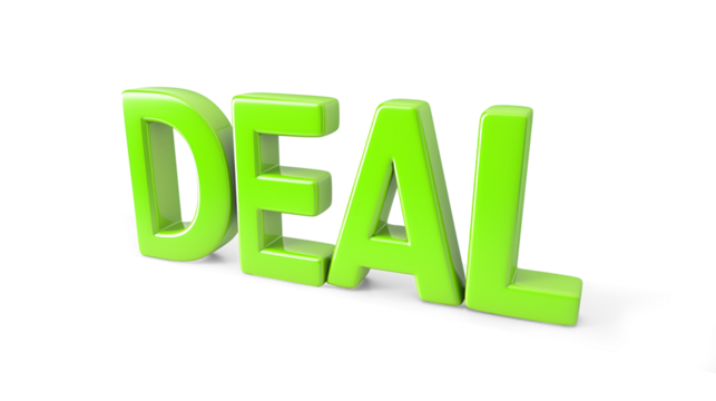 3D letter DEAL in green on a transparent background