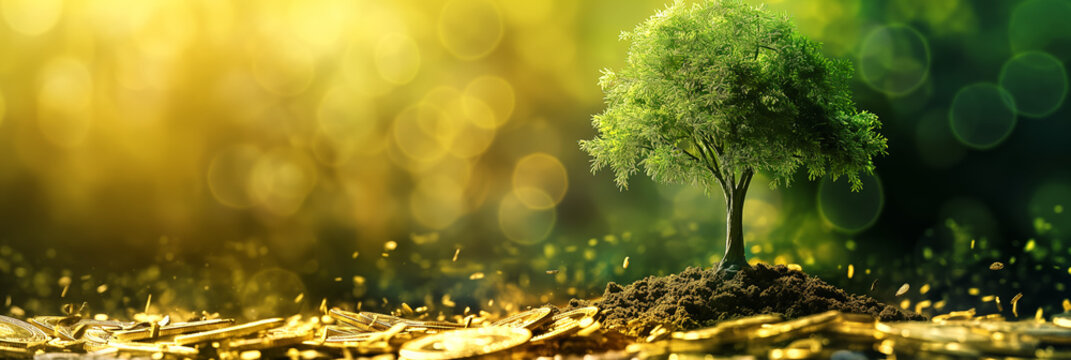 This striking image portrays a single tree growing on a pile of golden coins, with a bokeh background symbolizing growth and prosperity