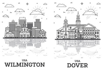 Outline Dover and Wilmington Delaware USA City Skyline set with Historic Buildings and reflections Isolated on White. Cityscape with Landmarks.