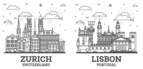 Outline Lisbon Portugal and Zurich Switzerland City Skyline set with Modern and Historic Buildings Isolated on White. Cityscape with Landmarks. - 785062551