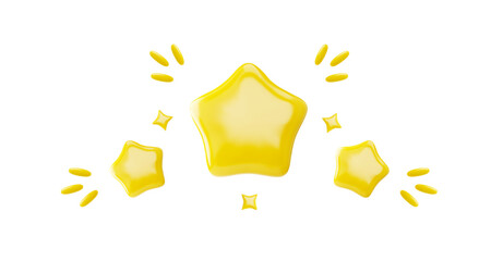 Three glossy yellow stars with sparkles vector 3D style, decoration festive design element with confetti, rate win award
