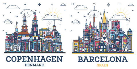 Outline Barcelona Spain and Copenhagen Denmark City Skyline set with colored Modern and Historic Buildings Isolated on White. Cityscape with Landmarks.