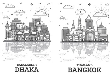 Outline Bangkok Thailand and Dhaka Bangladesh city skyline set with modern buildings and reflections isolated on white. Cityscape with landmarks.