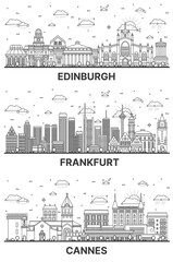 Outline Frankfurt Germany, Cannes France and Edinburgh Scotland City Skyline set with Modern and Historic Buildings Isolated on White. Cityscape with Landmarks. - 785062745