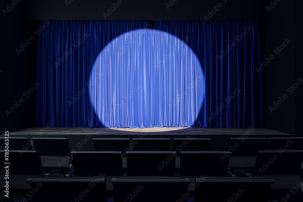 Poster Blue curtains under spotlight in an empty theater setting. 3D Rendering