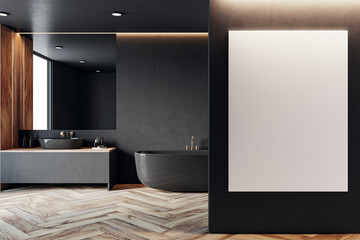 Naklejka premium Modern bathroom with black freestanding tub, contrasting wooden accents and blank poster mockup. 3D Rendering