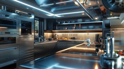 a futuristic kitchen featuring holographic recipe guides and robotic sous chefs