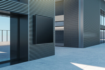 Modern exterior with black billboard mockup, ideal for urban advertising against a striped background. 3D Rendering