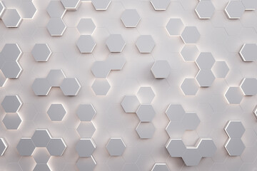 Creative light hexagonal wall backdrop. Landing page concept. 3D Rendering.