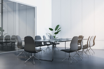 A modern and sleek conference room with a glass table, surrounded by designer chairs, set against a white wall and glass partition, conveying a professional business atmosphere. 3D Rendering