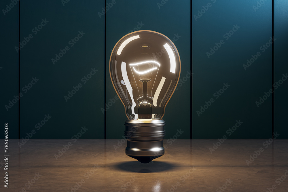 Poster Creative glowing lamp in interior with mock up place on dark wall. Idea, innovation and ad abstract ad concept. 3D Rendering.