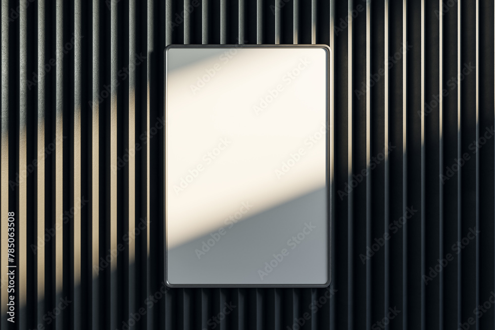Poster Empty dark metal linear wall with clean white mock up banner. Gallery concept. 3D Rendering.
