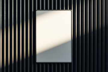 Empty dark metal linear wall with clean white mock up banner. Gallery concept. 3D Rendering.