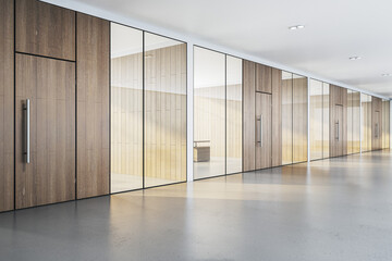 Modern office corridor with wood and glass partitions, empty space concept on a light background, 3D Rendering. 3D Rendering