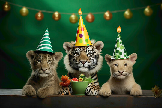 The tiger, giraffe, and elephant sharing in the happiness of the cutest lion's birthday, all adorned in stylish attire and birthday caps, set against a joyful green background. 