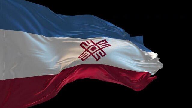 3d animation of the national flag of Mari El waving in the wind.
