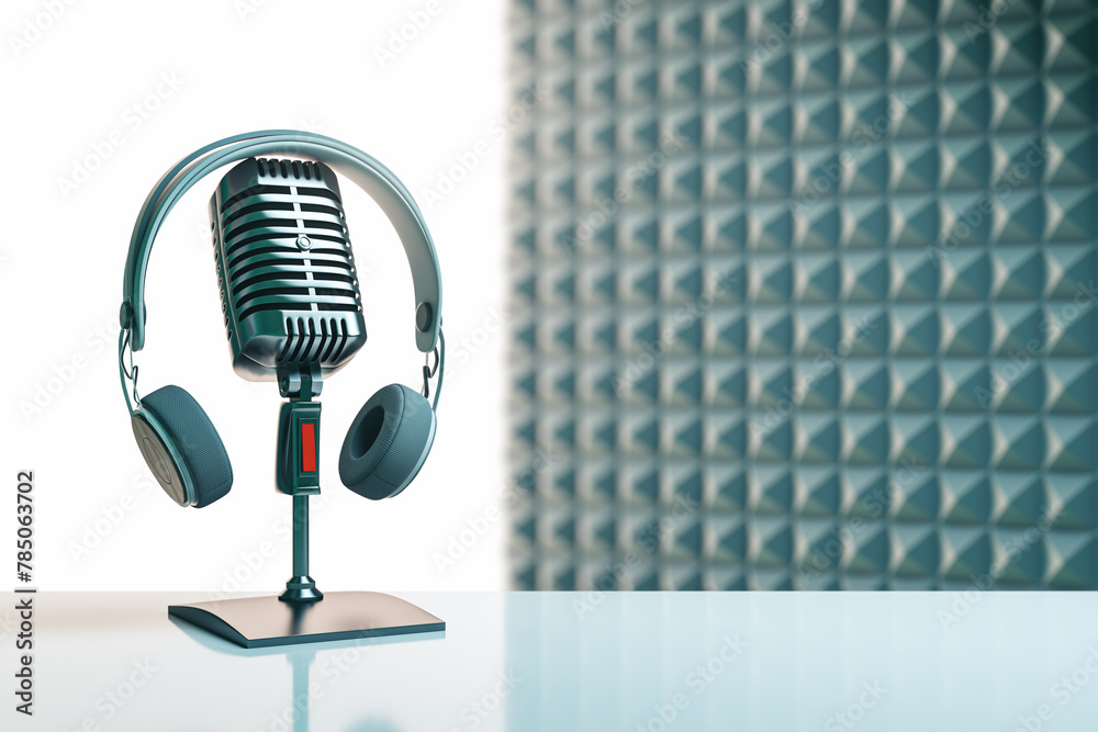 Poster Creative image with mic and mock up place on gray background. Podcast ad and voiceover concept. 3D Rendering.