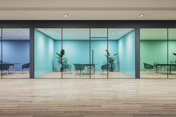 Naklejka premium Modern office interior with glass walls, a wooden floor, and furniture, illuminated by light, concept of workspace design. 3D Rendering