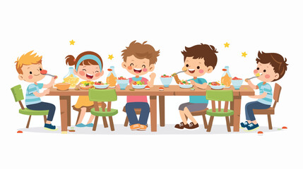 Children having dinner at the kindergarten of home. 