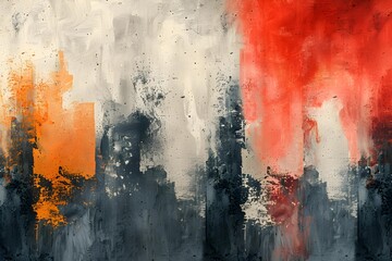 An abstract painting with bold splashes of orange and red on a textured grey background. - obrazy, fototapety, plakaty
