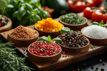 Cooking ingredients, colorful variety of spices, herbs and other ingredients. Fresh produce and spices - obrazy, fototapety, plakaty
