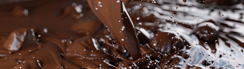 Closeup of a chocolate waterfall in a virtual reality dessert simulation, with pixel particles adding to the sensory experience, close up - obrazy, fototapety, plakaty