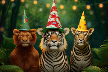 The tiger, giraffe, and elephant sharing in the happiness of the cutest lion's birthday, all adorned in stylish attire and birthday caps, set against a joyful green background.  - obrazy, fototapety, plakaty