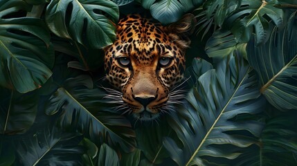 Wild animals leopards head in jungle with leaves and overgrown