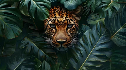Tuinposter Wild animals leopards head in jungle with leaves and overgrown © YUTTADANAI