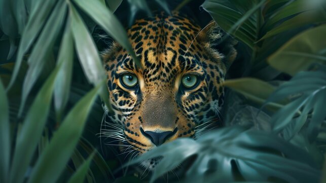 Wild animals leopards head in jungle with leaves and overgrown