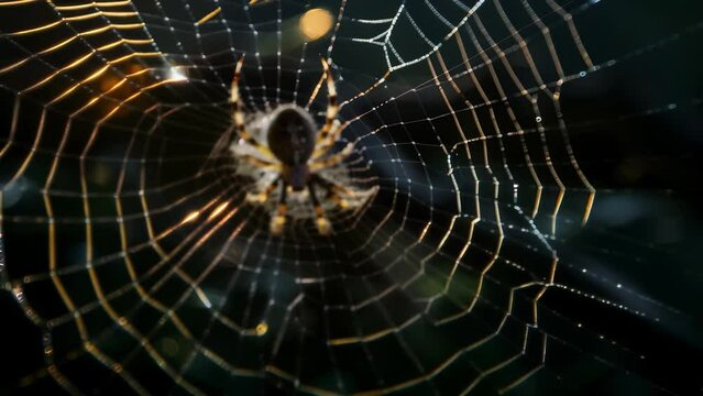 In the dark of night, a spider web glows gold and ethereal. The intricately spun threads resemble a luminous work of art. At its center, the tiny silhouette of an insect or spider stands still.
