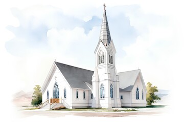 Watercolor illustration of a church in the mountains. Illustration. - obrazy, fototapety, plakaty