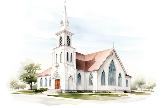 Watercolor illustration of a Catholic church with a green lawn. High quality illustration