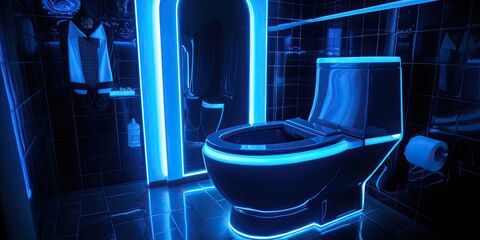 Modern toilet illuminated with vibrant neon lighting, adding a contemporary flair. - obrazy, fototapety, plakaty