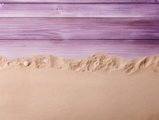 Beach sand and violet wooden background with copy space for summer vacation concept, text on the right side