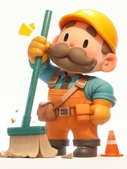 Bright and Playful 3D Sweeper Icon Celebrating Labor Day with a Touch of Clay Material