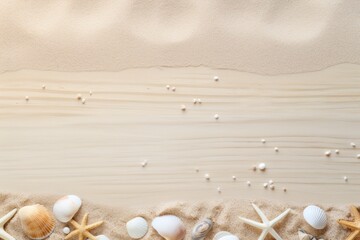 Beach sand and white wooden background with copy space for summer vacation concept, text on the right side