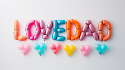 A vibrant display of balloons shaped to spell "LOVE DAD" on a stark white background, minimalist design with ample copyspace, creative and heartwarming