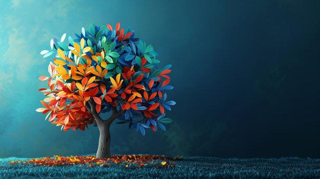 A 3D graphic of a tree with leaves in the colors of multiple national flags, symbolizing growth and unity on International Friendship Day, with copyspace