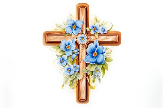 Cross with flowers and leaves on a white background. Vector illustration.