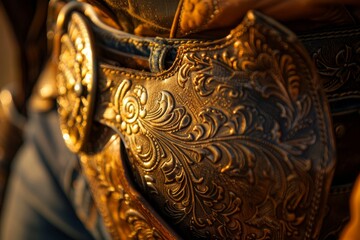 Detailed close-up of ornate leather saddle on a horse in golden light