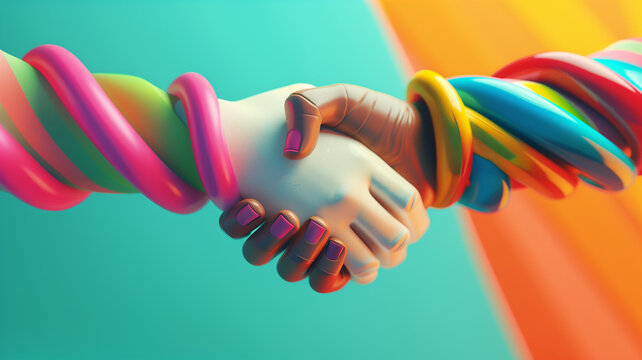 Bright and colorful 3D image of a handshake between digital avatars representing different nationalities, for International Friendship Day, with copyspace
