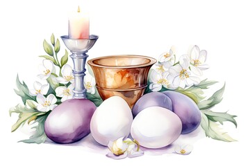 Easter composition with eggs, candles and flowers. Watercolor illustration