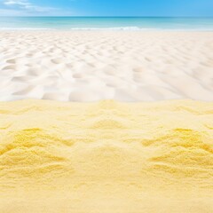 Beach sand and yellow wooden background with copy space for summer vacation concept, text on the right side