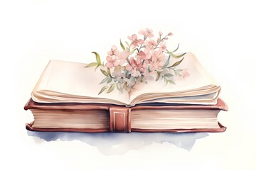Watercolor illustration of an open book with spring flowers on a white background.