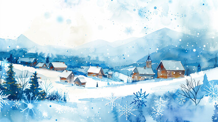 Delicate blue snowflakes in watercolor drifting over a silent snowy village, space for text
