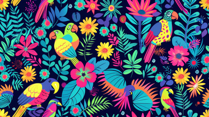 Fototapeta premium Seamless pattern background influenced by the organic forms and vibrant colors of tropical rainforests with colourful birds and flowers